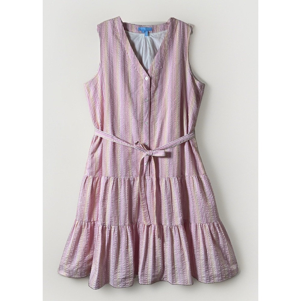 Draper James Shirt Dress‎ Womens Large Pink Striped Seersucker Button Up Tiered